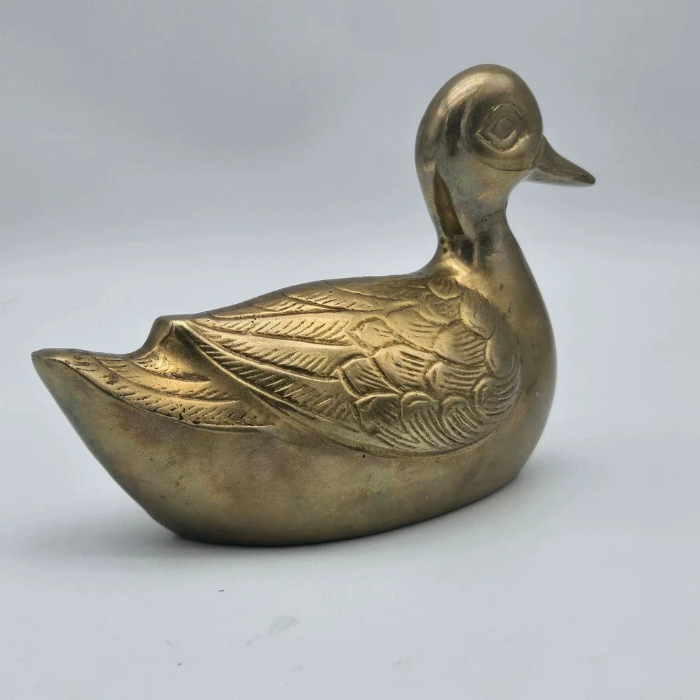 Vintage Solid Brass Duck Figurine Sculpture Detailed Feathers Warm Patina 6.5